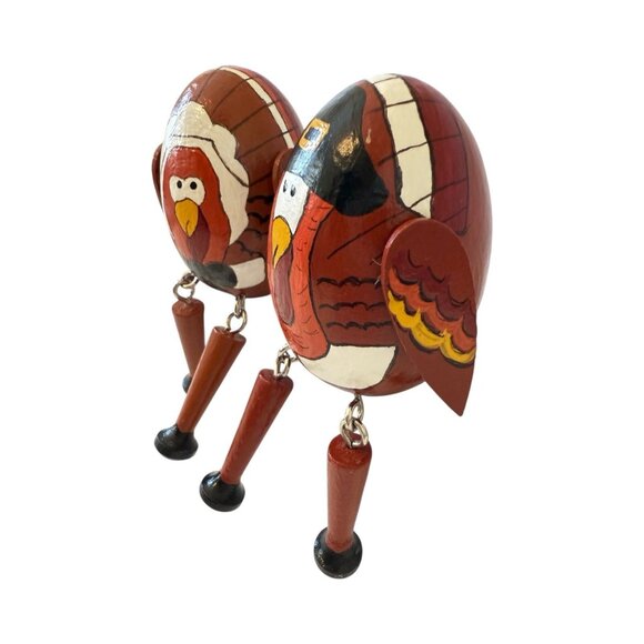 2 Pilgrim Turkey Shelf Sitters Handmade Folk Art Wooden Egg Movable Legs - Picture 4 of 13